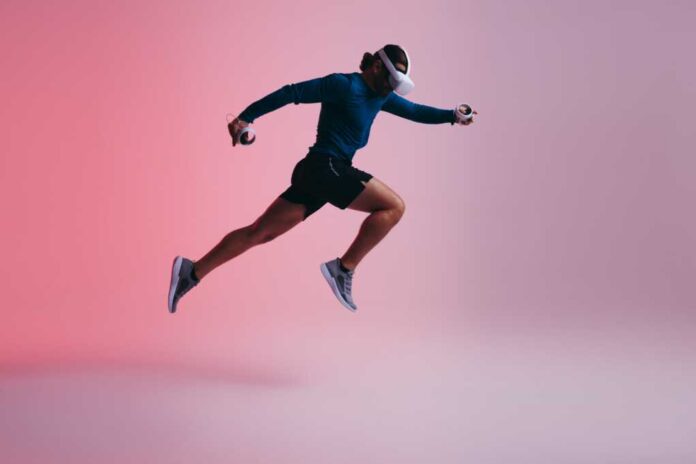 Athletic,Young,Man,Running,Mid,Air,While,Wearing,Virtual,Reality