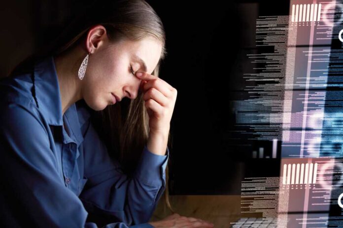 Woman,,Headache,And,Tired,,Code,And,Programmer,,Burnout,And,Working