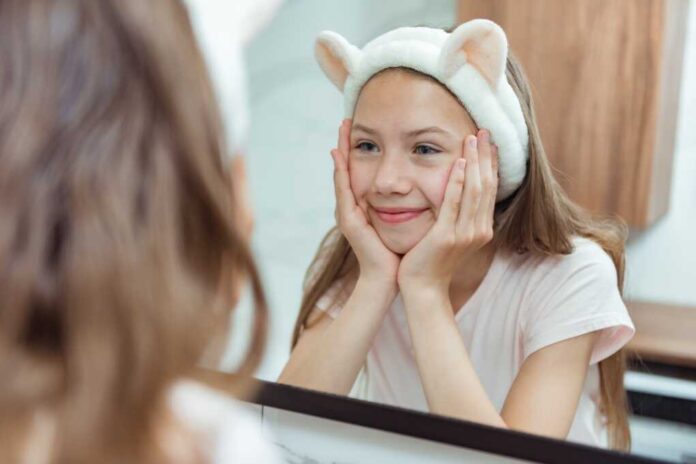 Teen,Girl,Washing,Face,In,Morning,In,Bathroom.,Self,Care