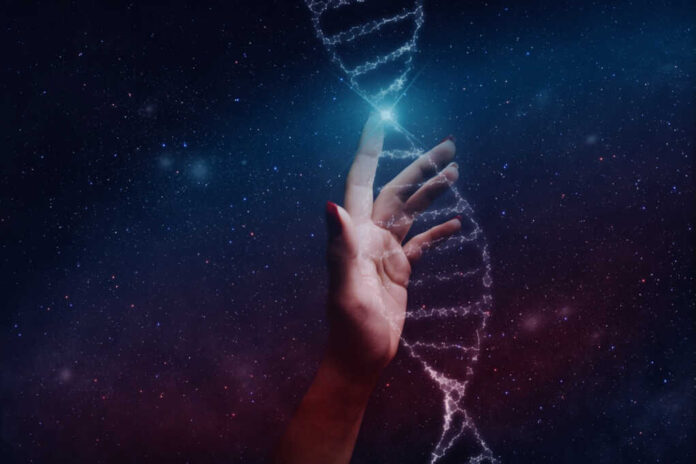 Close,Up,Of,Human,Touching,Dna,Molecule.,Nebula,Dust,In