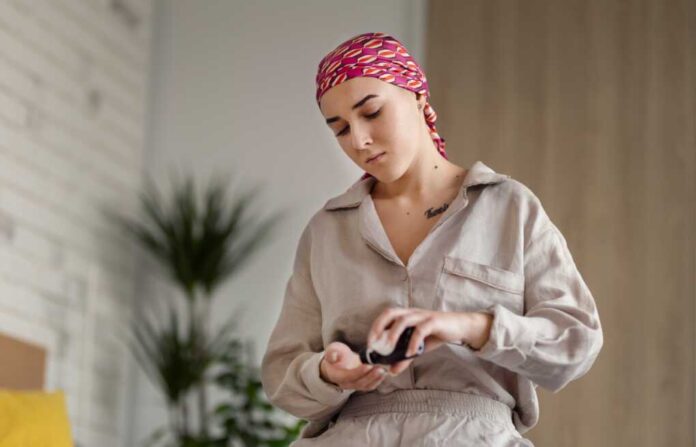 Young,Woman,With,Cancer,Taking,Pills,,Cancer,Awareness,Concept.