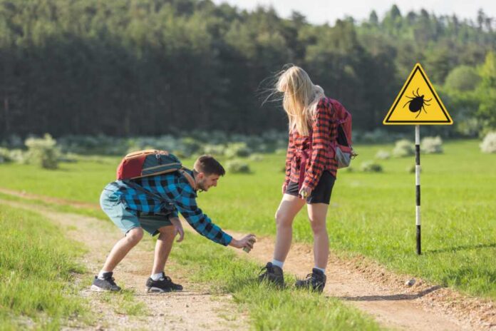 Man,And,Woman,Spraying,With,Tick,Repellent,While,Hiking,In