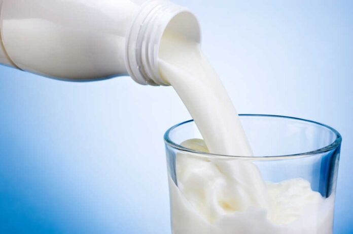 Pouring,Milk,From,White,Plastic,Bottle,Into,Glass,On,Blue