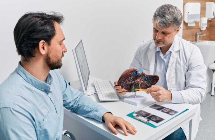Gastroenterologist,Doctor,Explaining,Liver,And,Gallbladder,Problems,Using,Anatomical,Model