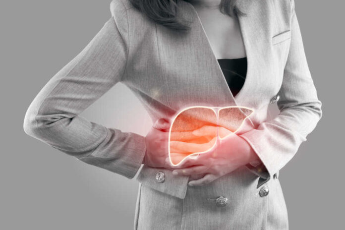 Illustration,Of,Liver,On,Woman's,Body,Against,Gray,Background,,Hepatitis,