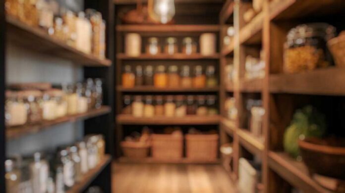 Blurred,Background,Of,A,Cozy,Rustic,Walk-in,Pantry,Showcasing,Wooden