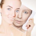 The Skincare Mistake Aging You Fast A woman holding a photo showing her younger and older self