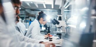Scientists working in a laboratory with microscopes and test tubes