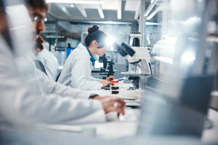 shutterstock_2499118483.jpg Scientists working in a laboratory with microscopes and test tubes
