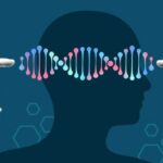 Illustration of a human head with DNA strands and hands reaching towards it