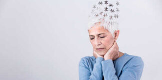 Elderly woman with a unique hairstyle made of puzzle pieces, looking thoughtful