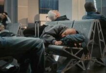 Passengers sleeping on airport benches with luggage nearby