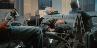 Passengers sleeping on airport benches with luggage nearby
