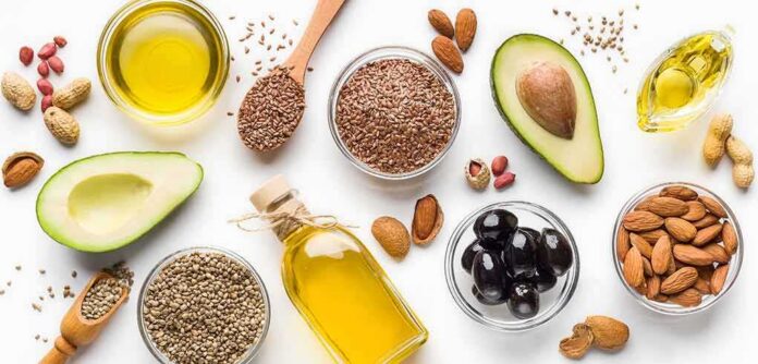 shutterstock_1361685905 Assorted healthy fats with avocados, nuts, seeds, olives, and oils on a white background