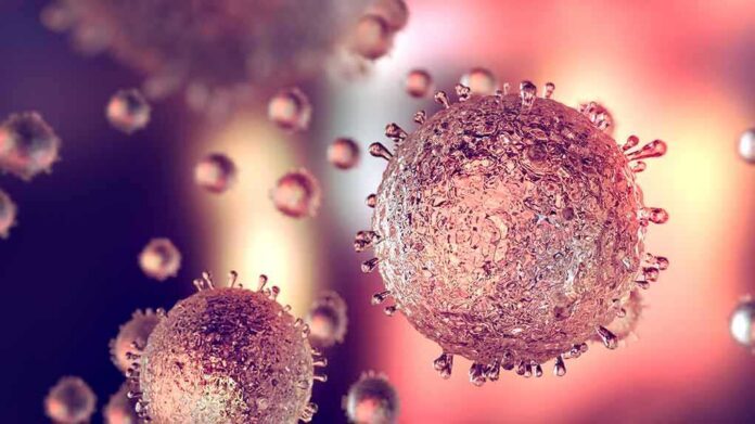 shutterstock_1125128687 Microscopic view of virus-like particles with spiky surfaces