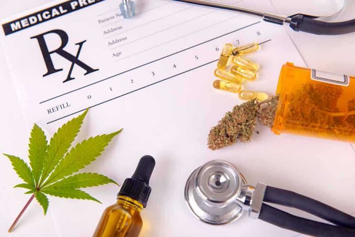 Medical prescription with cannabis, pills, and a stethoscope