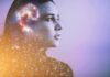 woman in profile with galaxy overlay around head