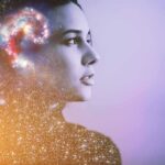 woman in profile with galaxy overlay around head