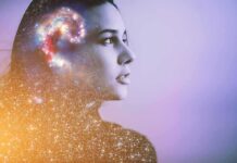 woman in profile with galaxy overlay around head