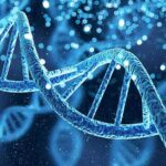 DNA double helix with glowing particles