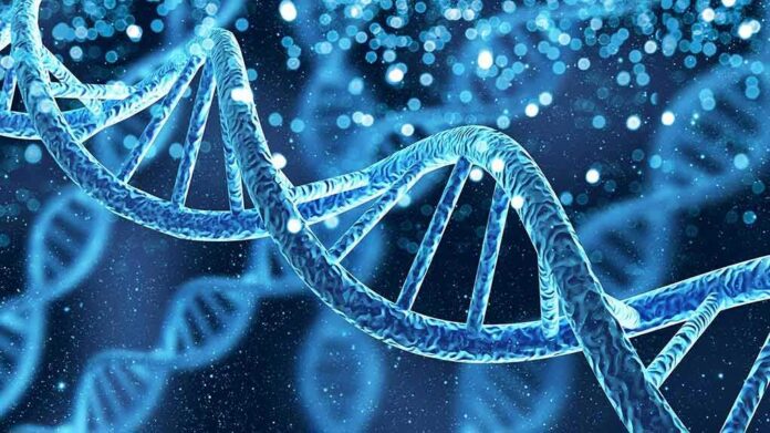 DNA double helix with glowing particles