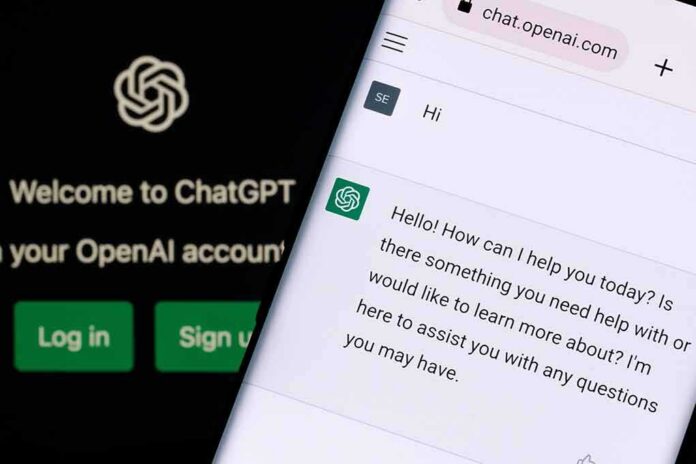 shutterstock_2237752713 smartphone displaying a chat interface on chat.openai.com