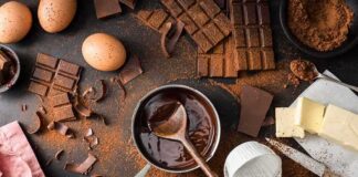 Baking ingredients with melted chocolate in saucepan