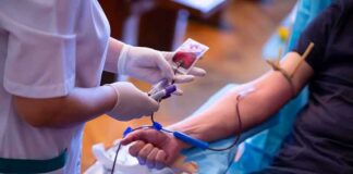 Nurse draws blood from a donor's arm