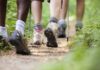 Hikers' feet walking on a forest trail