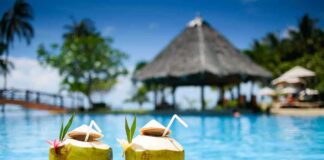 Two coconut drinks with straws beside a swimming pool