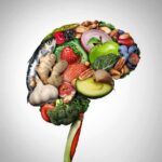 Brain shape made of assorted healthy foods on white background
