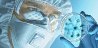 Scientist in protective gear examining a petri dish