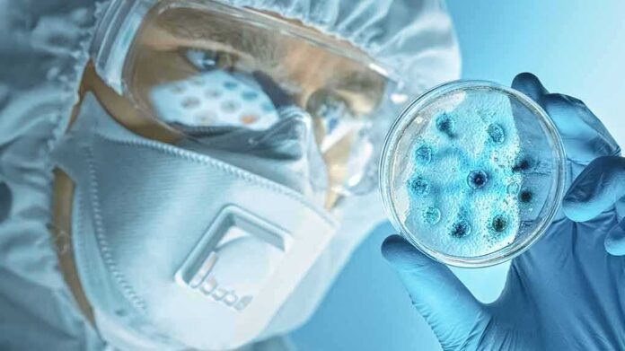 Scientist in protective gear examining a petri dish