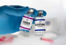 Relationship between Testosterone and Sexual Desire Men Gloved hand holding estrogen and testosterone vials
