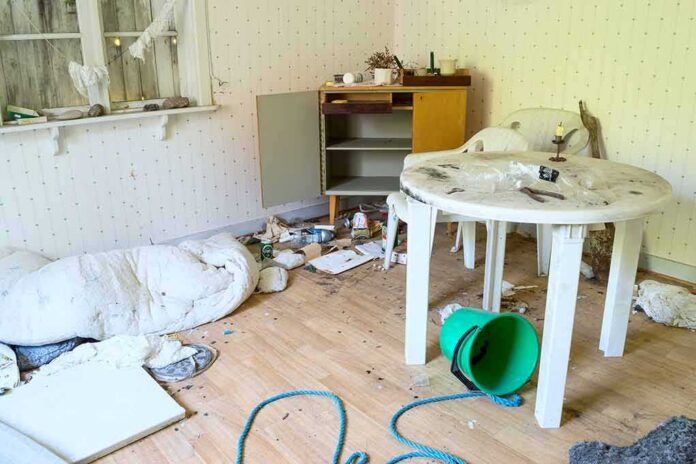 Cluttered room with overturned bucket and messy table