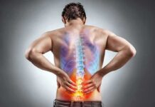 Back Pain’s Silent Fix Exposed Man holding lower back with highlighted spine illustration