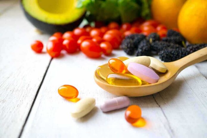 shutterstock_1041373417 Wooden spoon holding assorted vitamin pills beside fresh fruits and vegetables