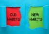 Torn blue paper revealing old habits and new habits text