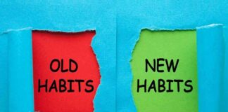 Torn blue paper revealing old habits and new habits text