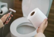 Hands holding a bidet sprayer and toilet paper near an open toilet