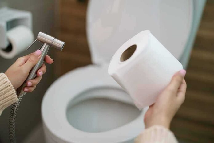 Hands holding a bidet sprayer and toilet paper near an open toilet