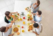 Group of friends eating lunch at a cafeteria table