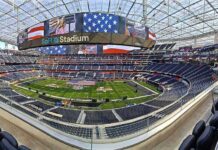 Football stadium interior with large video board and empty seating