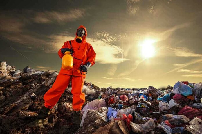 shutterstock_241729765-1 Person in protective gear standing on a landfill with a yellow container