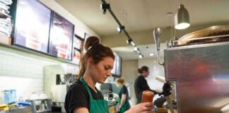 Barista preparing a drink at a coffee shop counter